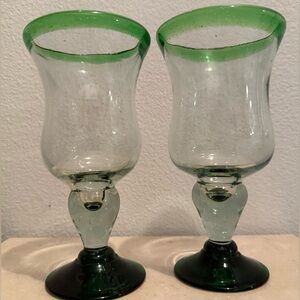 Handblown, recycled, green glass goblets. Approximately 7”H